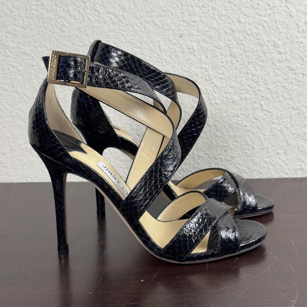 Jimmy Choo Sandals Shoes Womens Size 5.5 Black Snake Leather Stiletto Heels